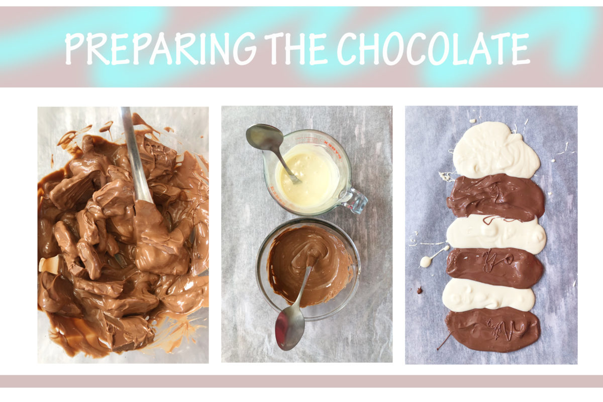 Melting chocolate step by step, white and milk 