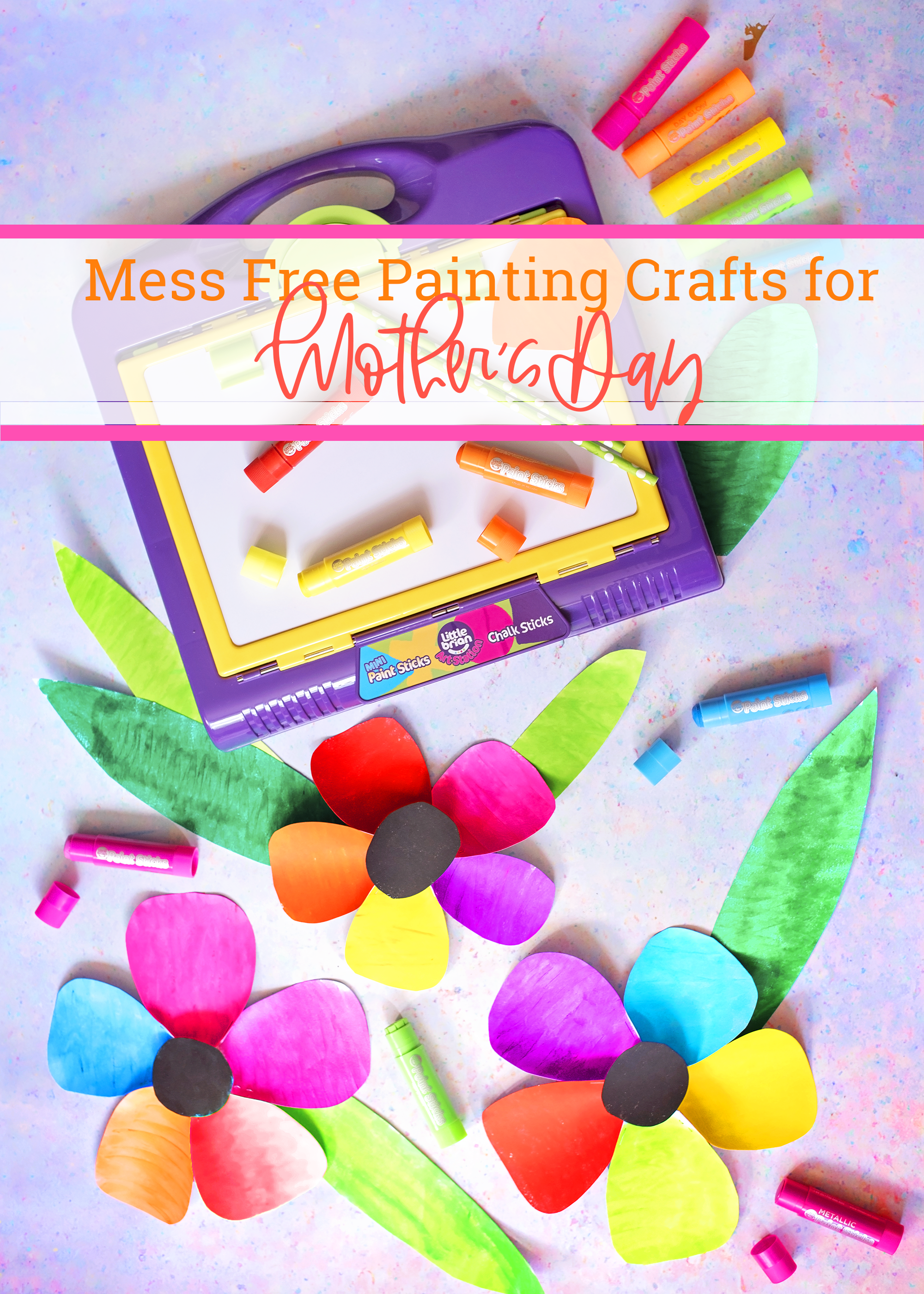 Mess free painting activities for mother's day with paint sticks. Rainbow plates and large rainbow flowers.