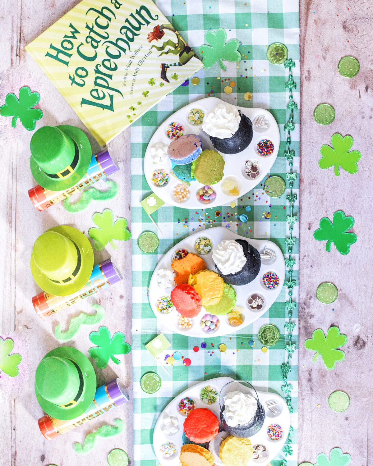 Host a St. Patrick's Day Party - Mini Rainbow Pancake bar for Breakfast with sprinkles and cream. Novelty St. Patrick's favours - rainbow confetti cannons and Mini Irish leprechaun hats. Leprechaun gold and green moustaches on the table