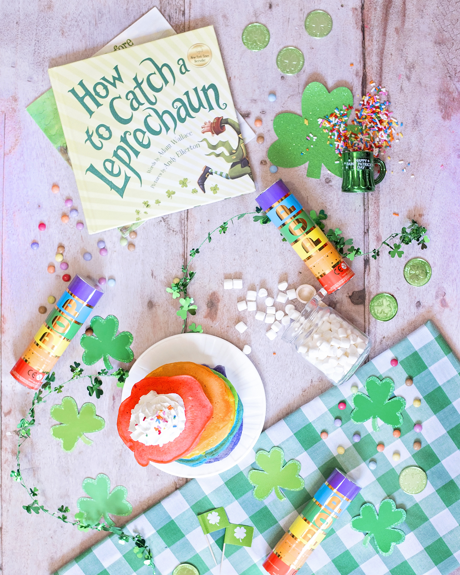 Top ten leprechaun pranks to pull on St. Patrick's day, How to catch a leprechaun book, rainbow pancakes and shamrock decorations.