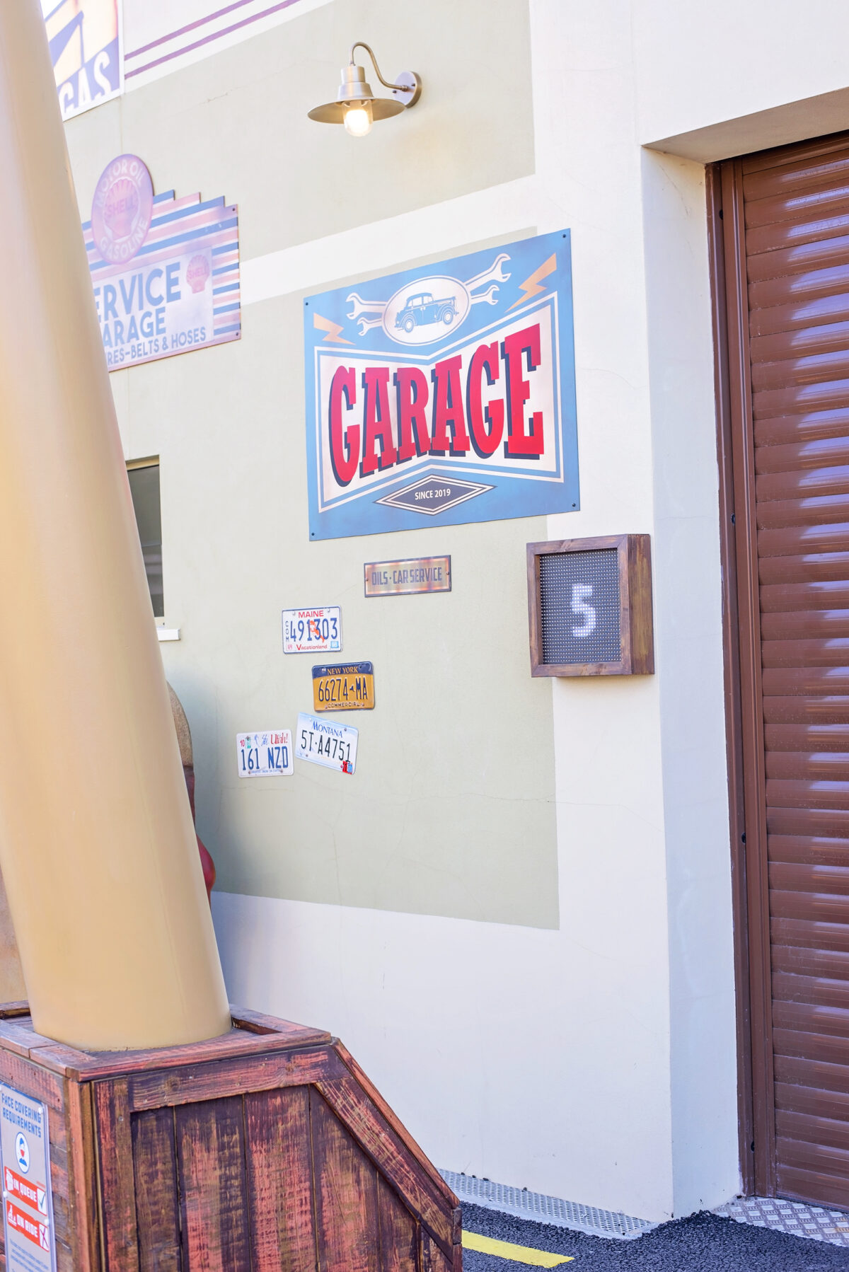 Image shows the theming of  Al's Auto Academy Driving School at Tornado Springs in Paultons Park.