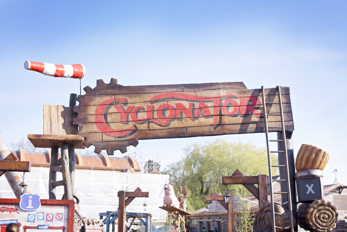 Image shows the signage for the Cyclonator thrill ride at Tornado Springs in Paultons Park.