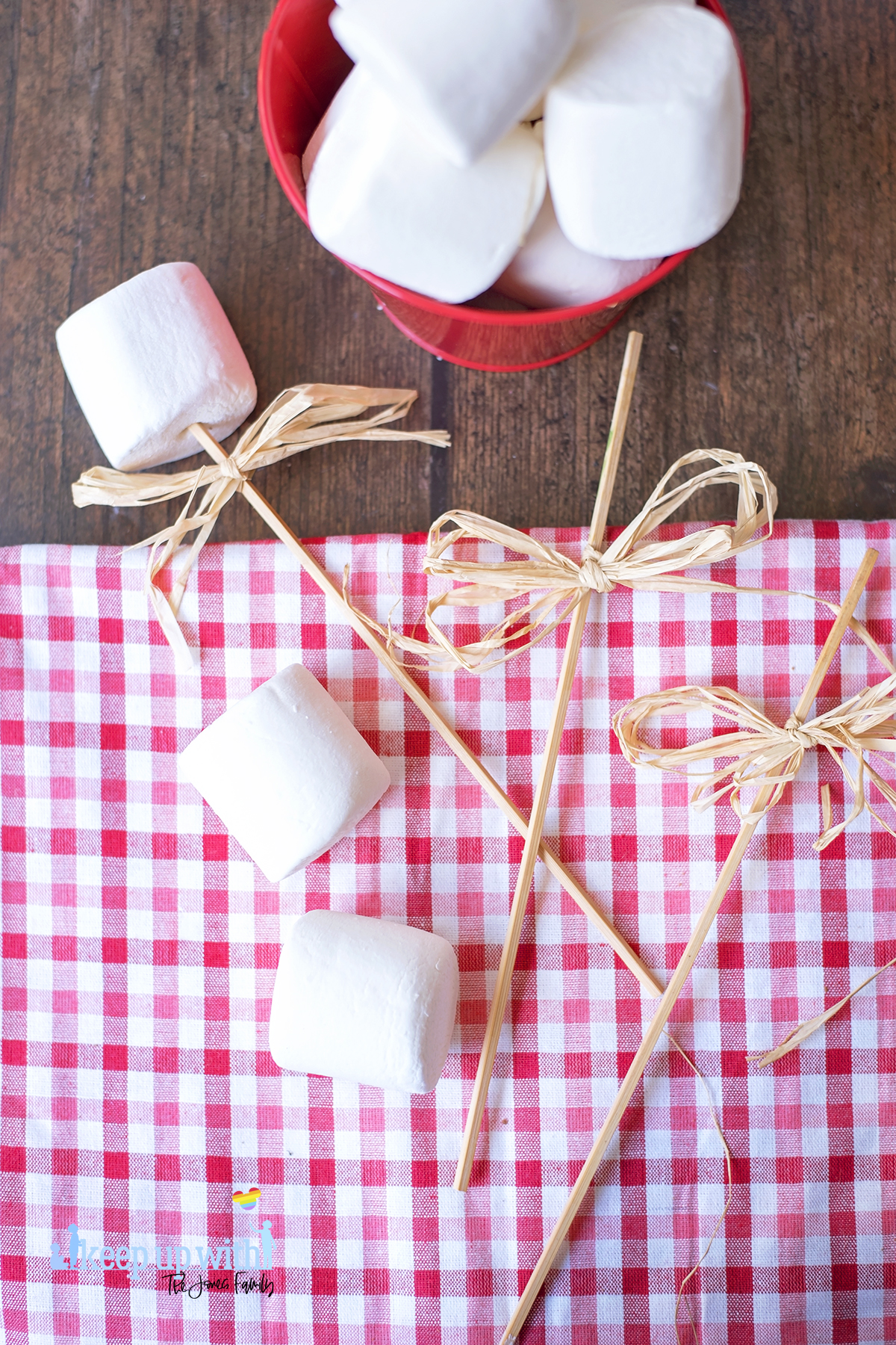 Image shows a dark wooden tabletop covered partially by a red and white checked tablecloth. On the tabletop is a large red tin bucket filled with large marshmallows and several wooden sticks tied with raffia bows, ready to have marshmallows skewered on to them to make Teddy Bear S'More Pops. Image by keep up with the jones family.
