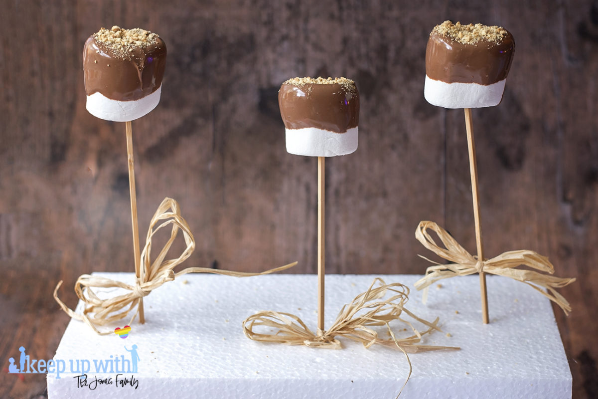 Image shows three large marshmallows on sticks, coated in chocolate and sprinkled with crushed digestive biscuit crumbs, resting upside down in a polystyrene block to dry, whilst making teddy bear s'more pops. Image by keep up with the jones family.